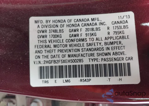 2014 Honda Civic Lx from USA, damaged, VIN 2HGFB2F5XEH500285